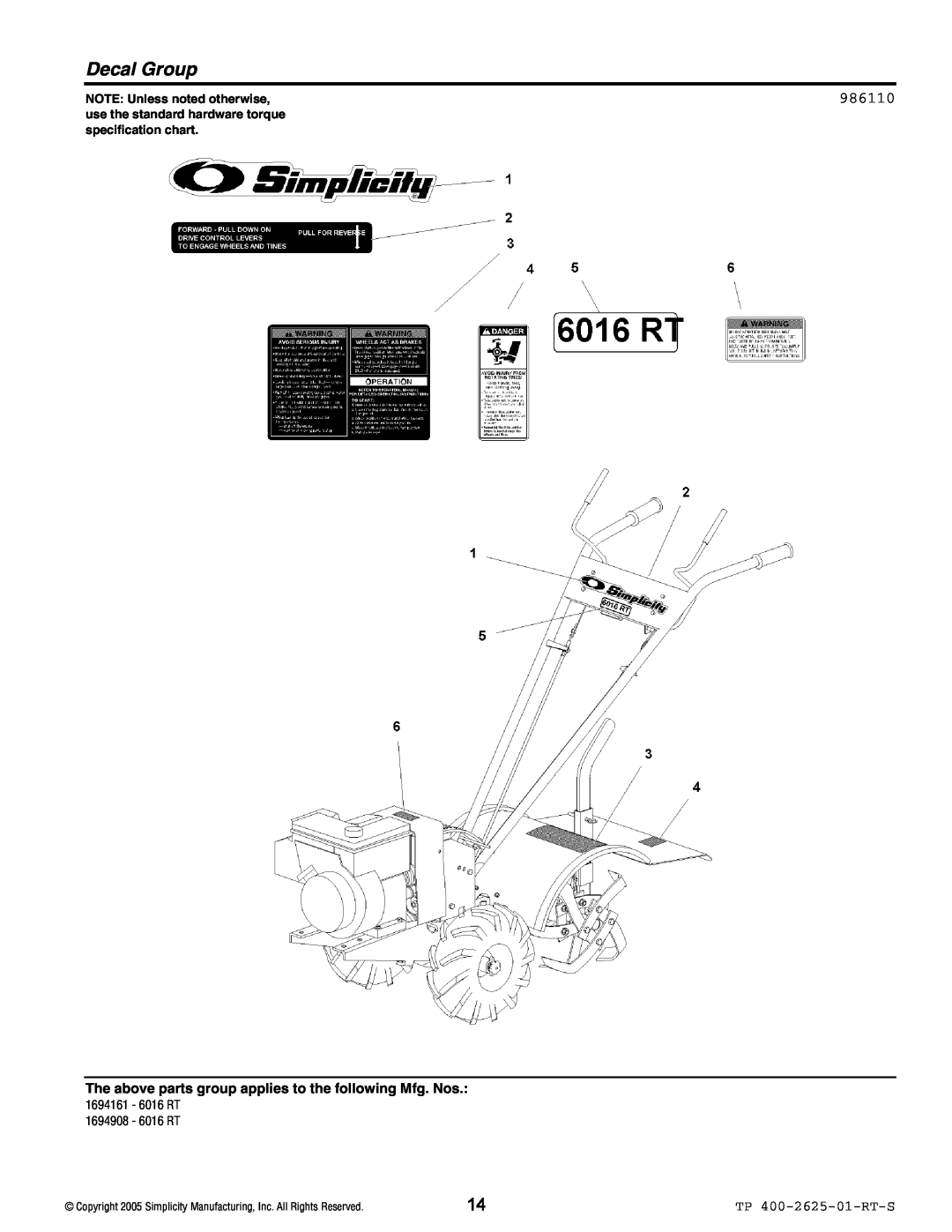 Simplicity 1694161, 6HP Series, 1730319, 1694908 manual Decal Group, 986110, TP 400-2625-01-RT-S, NOTE Unless noted otherwise 