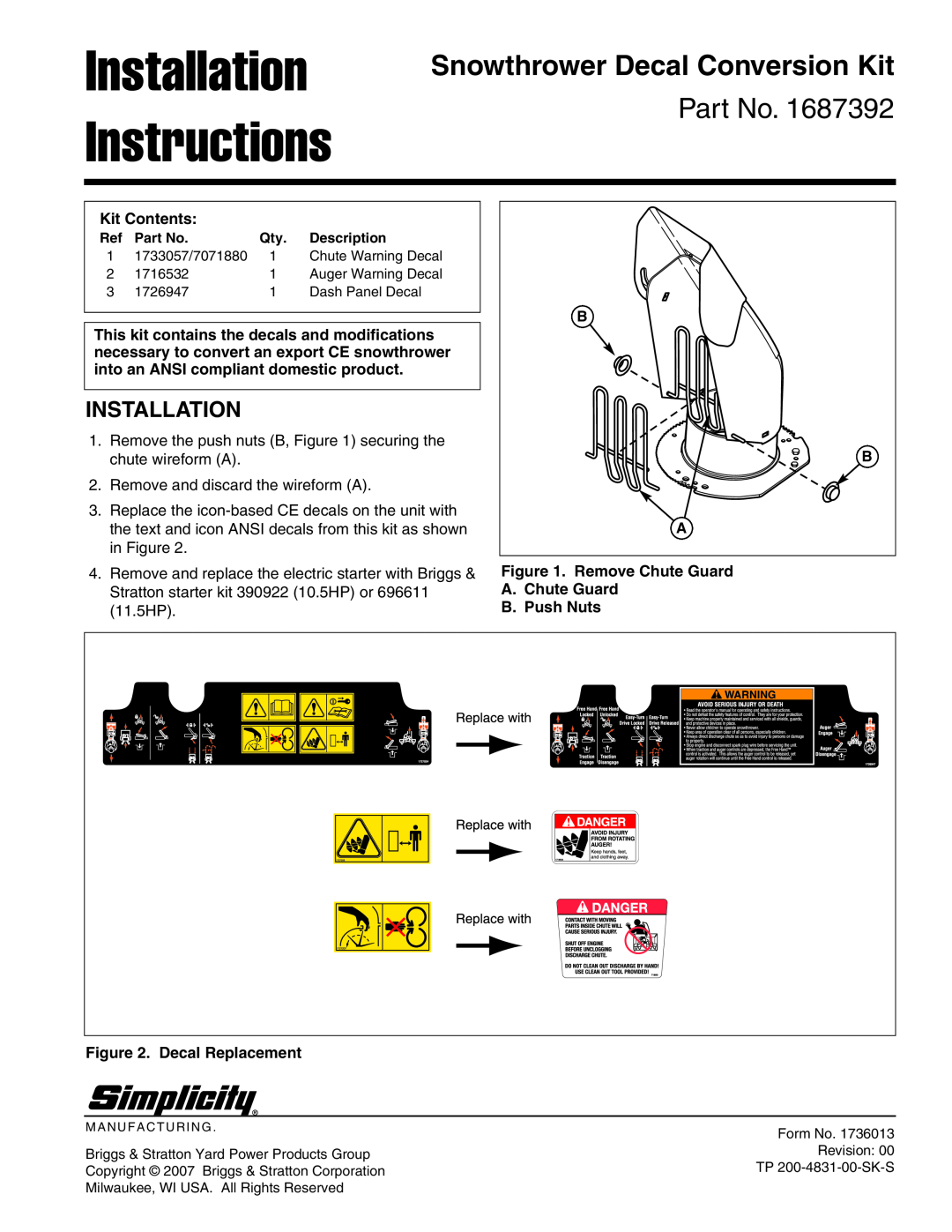 Simplicity 1726947 installation instructions Installation Instructions, Snowthrower Decal Conversion Kit, Kit Contents 