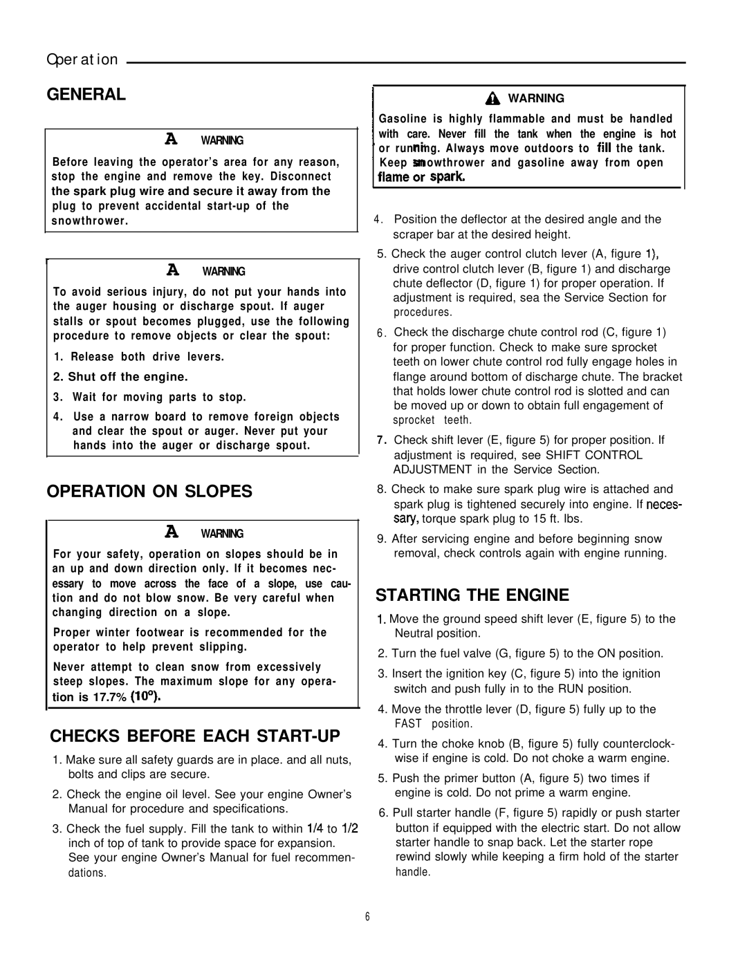 Simplicity 1691414, 7/22E, 1691413, 1691411 manual Operation on Slopes, Checks Before Each START-UP, Starting the Engine 