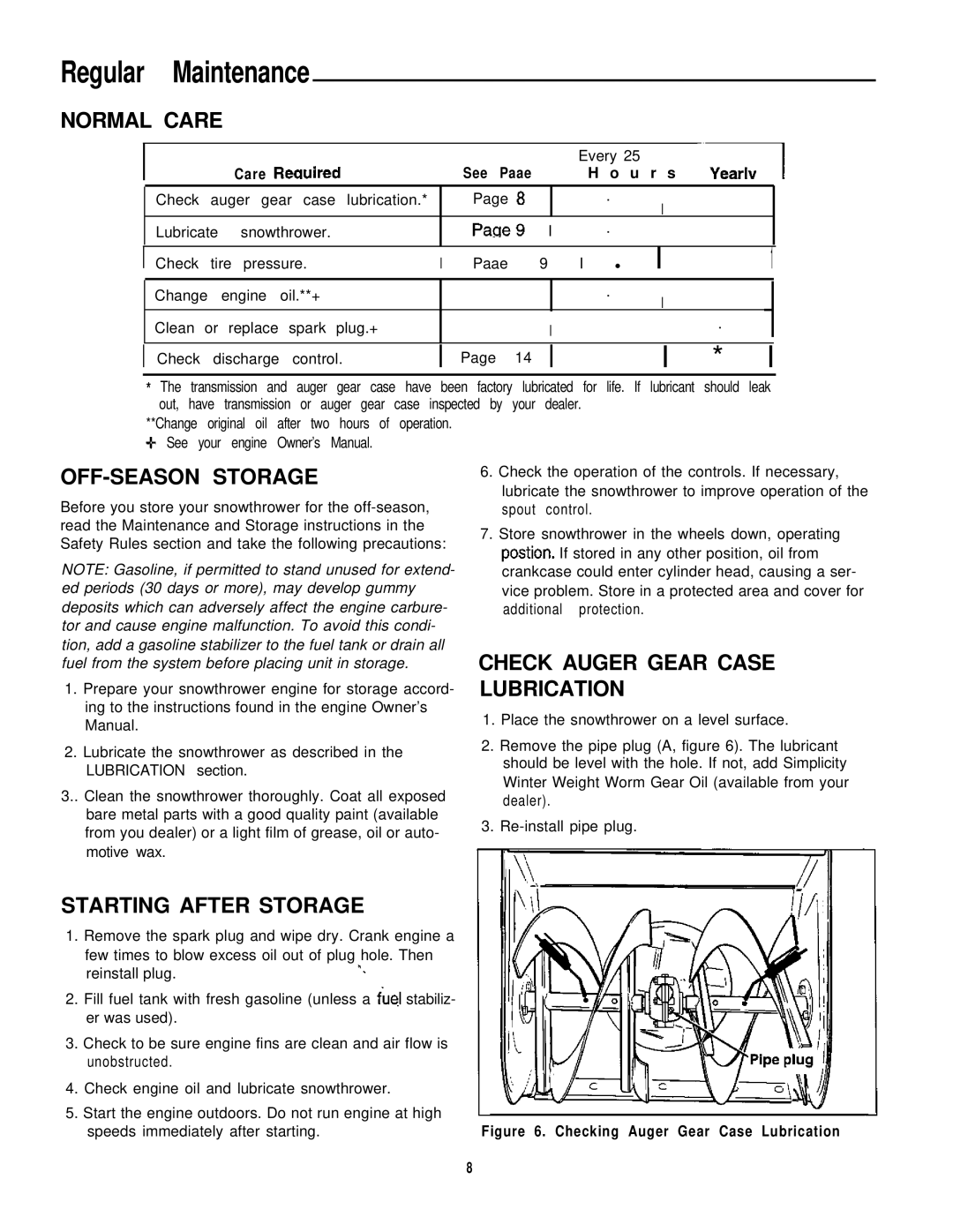 Simplicity 7/22E, 1691413 manual Normal Care, OFF-SEASON Storage, Check Auger Gear Case Lubrication, Starting After Storage 