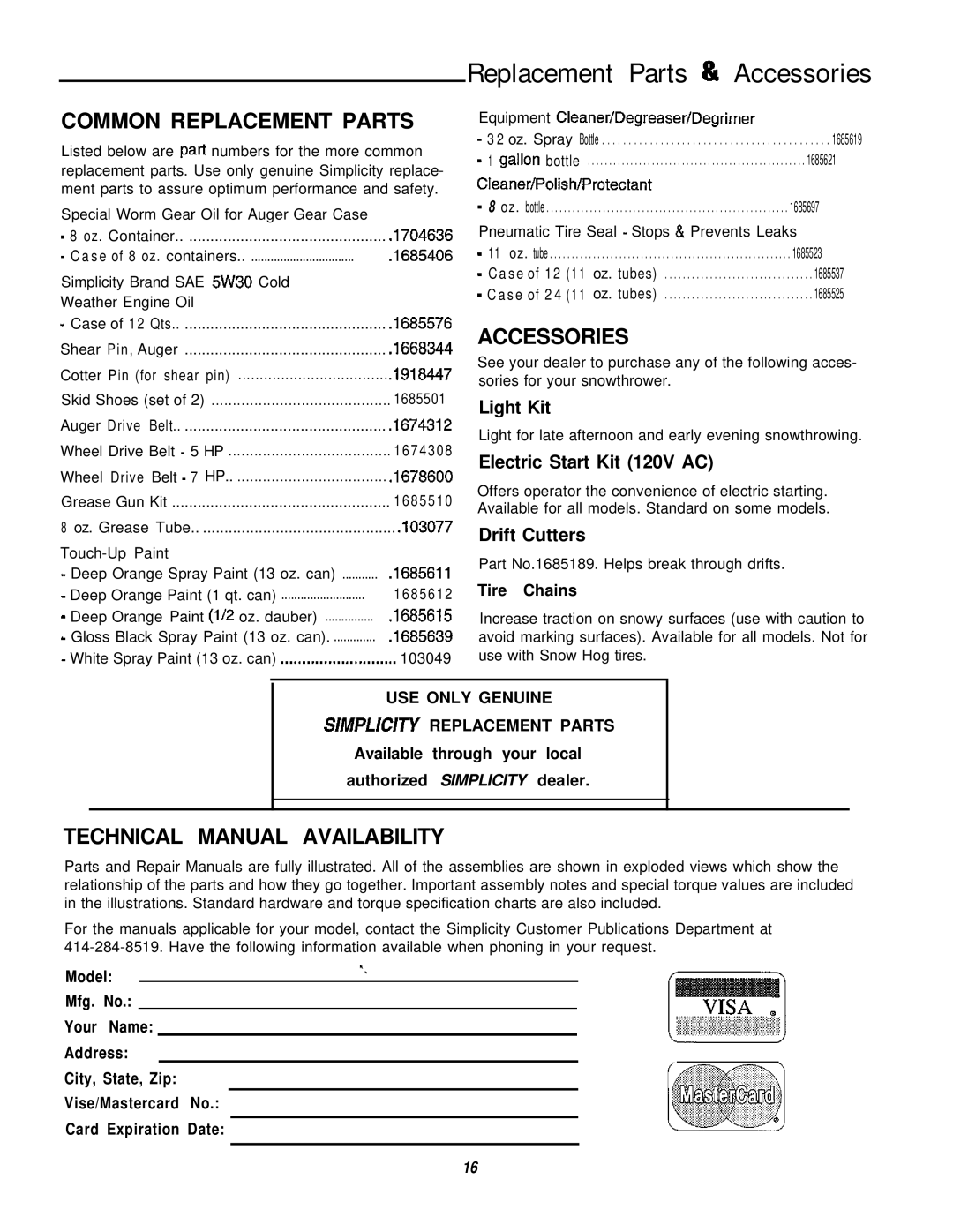 Simplicity 7/22E, 1691413, 1691414, 1691411 manual Common Replacement Parts, Accessories, Technical Manual Availability 