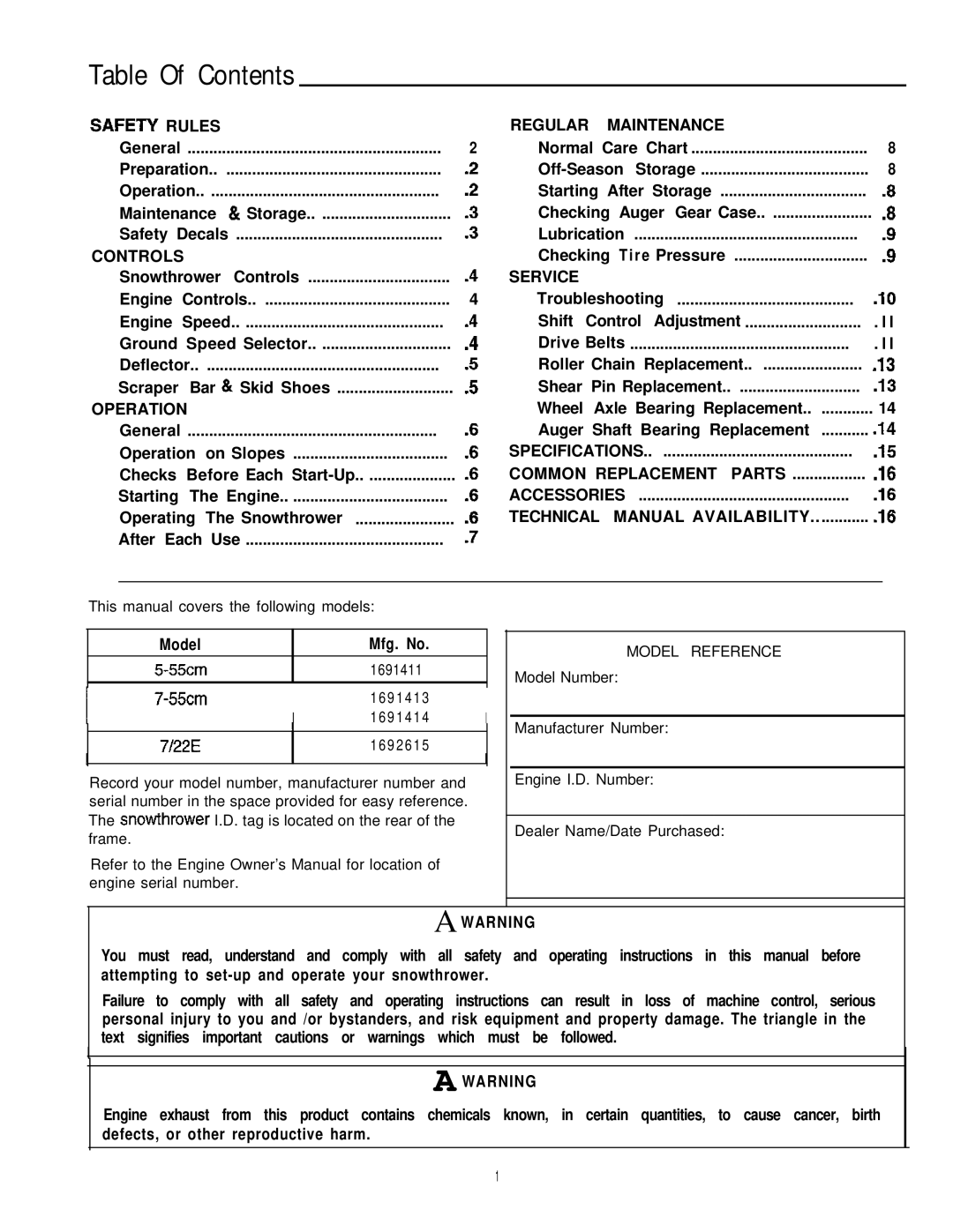 Simplicity 1691413, 7/22E, 1691414, 1691411 manual Table Of Contents 