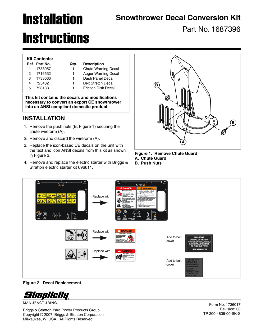 Simplicity 728183 installation instructions Installation Instructions, Snowthrower Decal Conversion Kit, Kit Contents 
