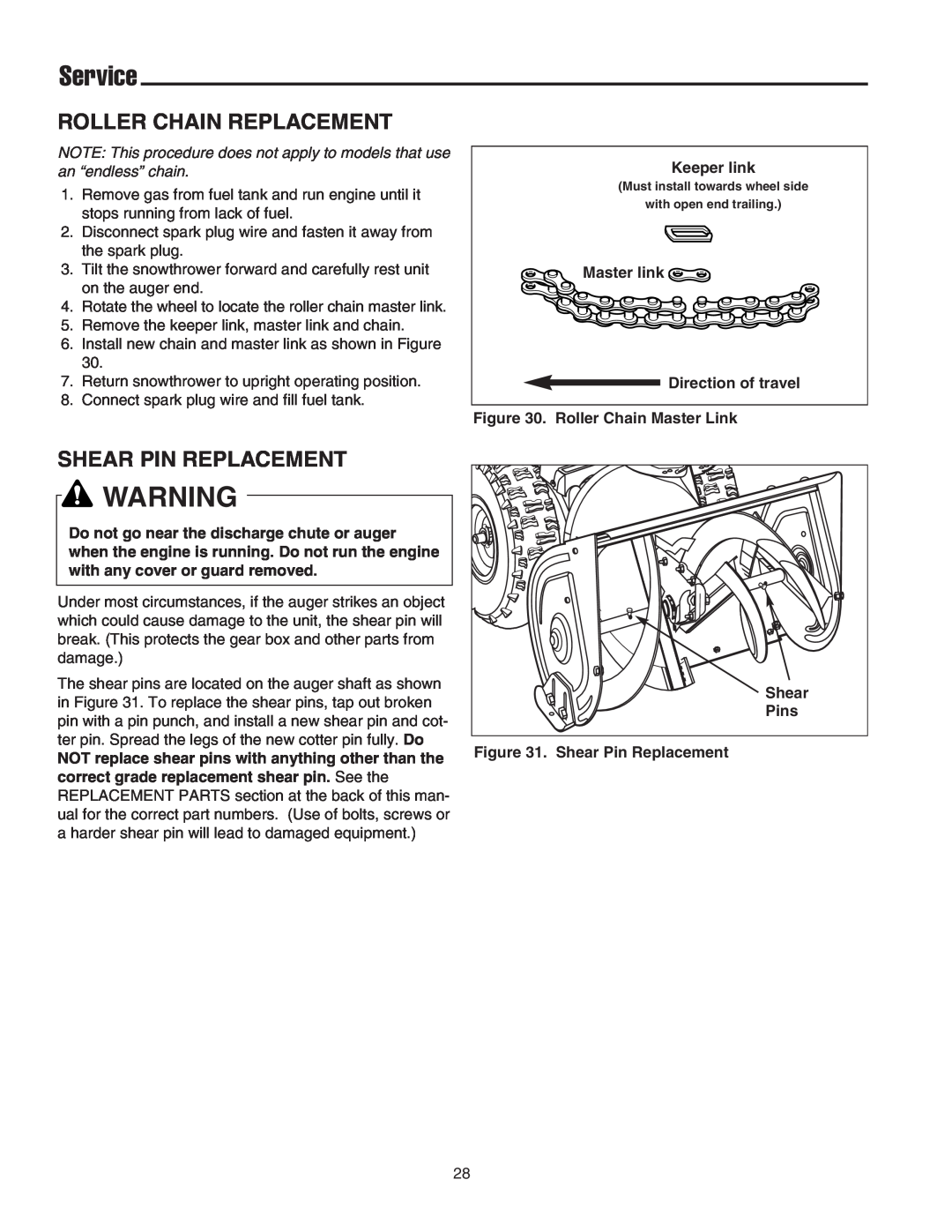 Simplicity 755, 555, 1694433, 1694434 instruction sheet Roller Chain Replacement, Shear Pin Replacement, Service 
