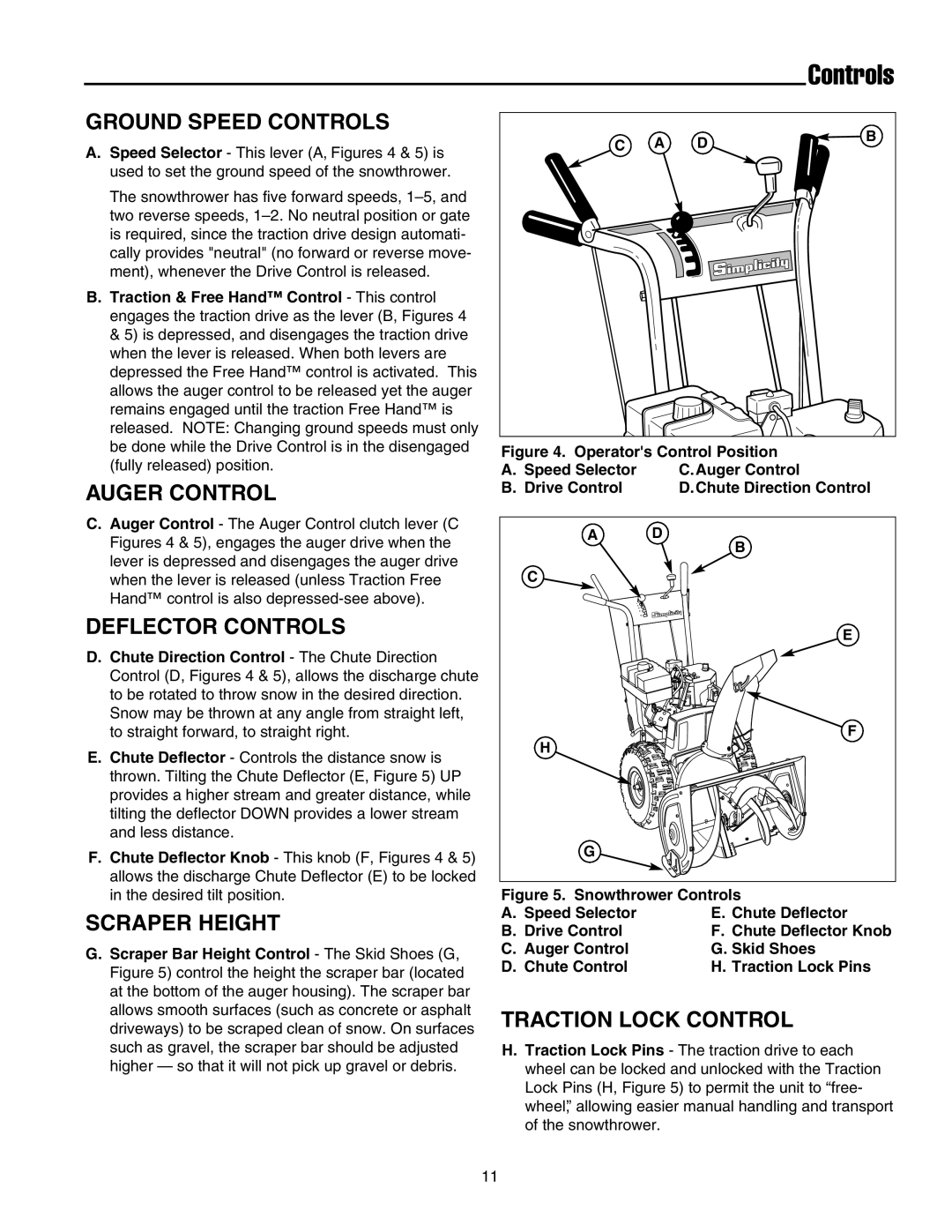 Simplicity 1694434, 755 Ground Speed Controls, Auger Control, Deflector Controls, Scraper Height, Traction Lock Control 