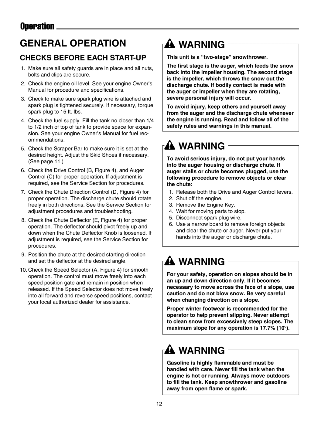 Simplicity 755, 555, 1694433, 1694434 instruction sheet Operation, Checks Before Each START-UP 