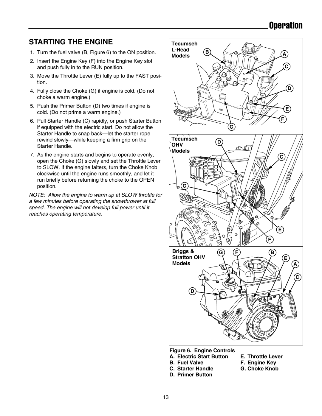 Simplicity 555, 755, 1694433, 1694434 instruction sheet Starting the Engine, Tecumseh Head Models 