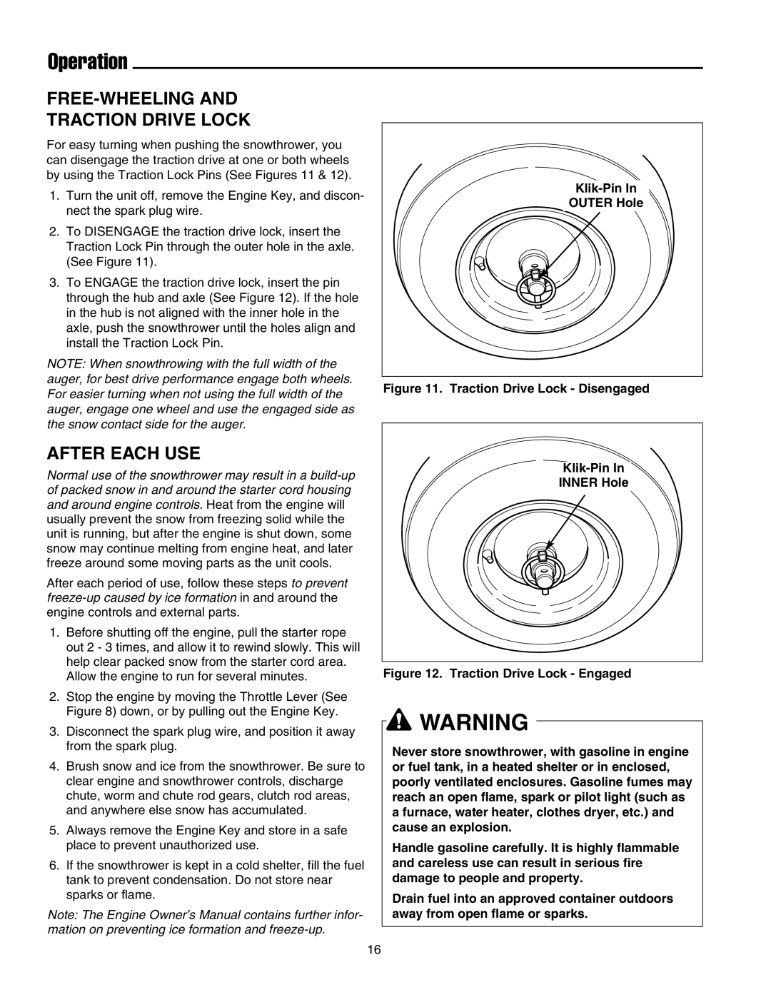 Simplicity 755, 555, 1694433, 1694434 instruction sheet FREE-WHEELING Traction Drive Lock, After Each USE, Klik-Pin Outer Hole 