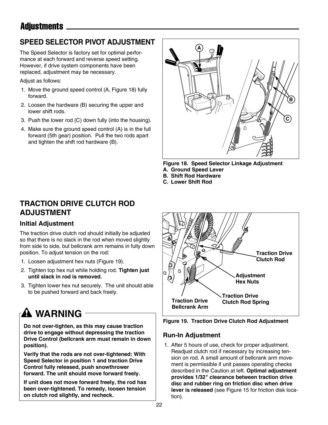 Simplicity 1694433, 755, 555 Adjustments, Traction Drive Clutch ROD Adjustment, Initial Adjustment, Run-In Adjustment 