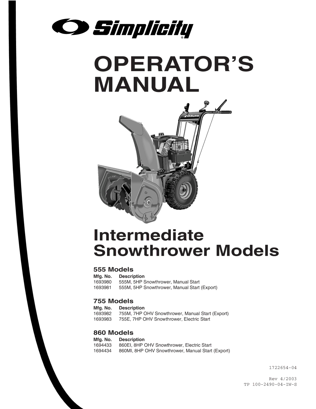 Simplicity 1694434, 755, 555, 1694433 instruction sheet OPERATOR’S Manual, Models 