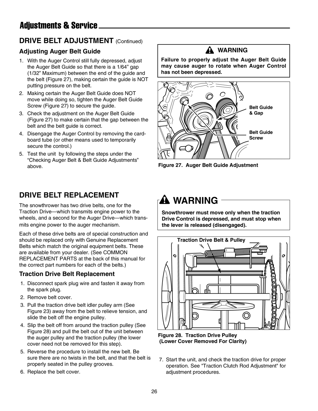 Simplicity 1694433, 755, 555, 1694434 Adjustments & Service, Drive Belt Replacement, Adjusting Auger Belt Guide 