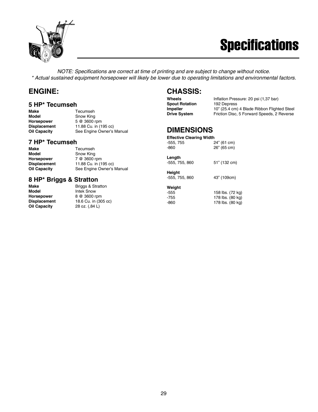 Simplicity 555, 755, 1694433, 1694434 instruction sheet Specifications, Engine, Chassis, Dimensions 