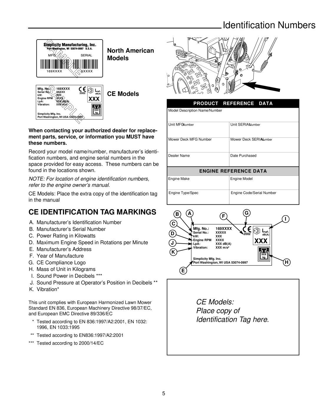 Simplicity 555, 755, 1694433, 1694434 Identification Numbers, CE Identification TAG Markings, North American, CE Models 