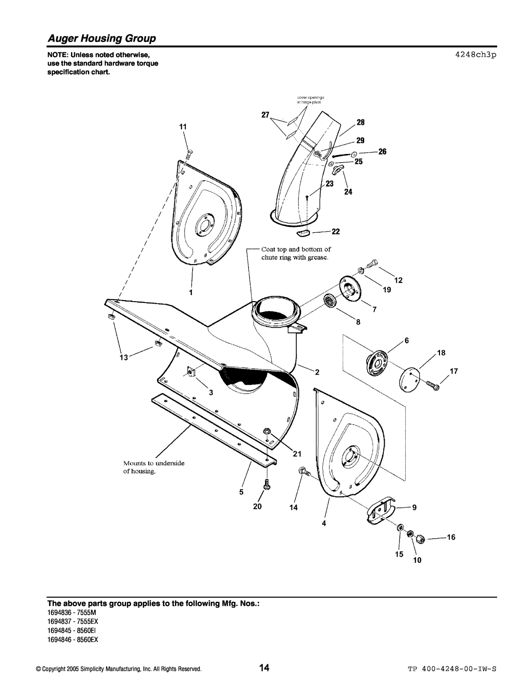 Simplicity 8660EX, 7555EX, 7555M, 8660EI Auger Housing Group, 4248ch3p, TP 400-4248-00-IW-S, NOTE: Unless noted otherwise 