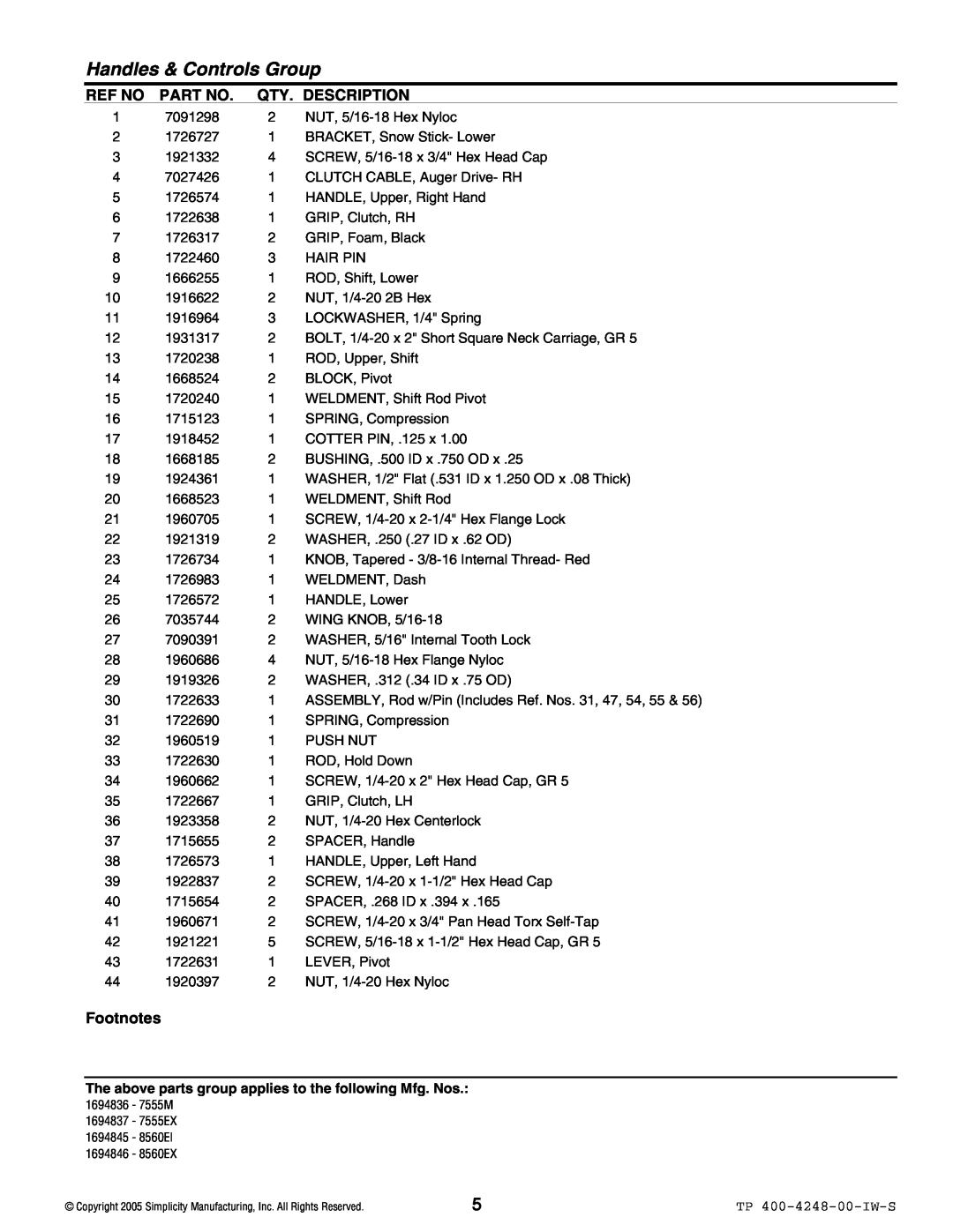 Simplicity 7555M, 7555EX, 8660EX, 8660EI manual Ref No, Qty. Description, Footnotes, Handles & Controls Group 