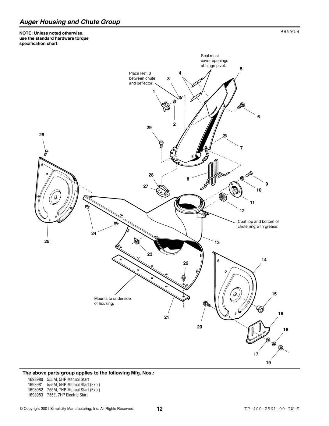 Simplicity 755M manual Auger Housing and Chute Group, 985918 