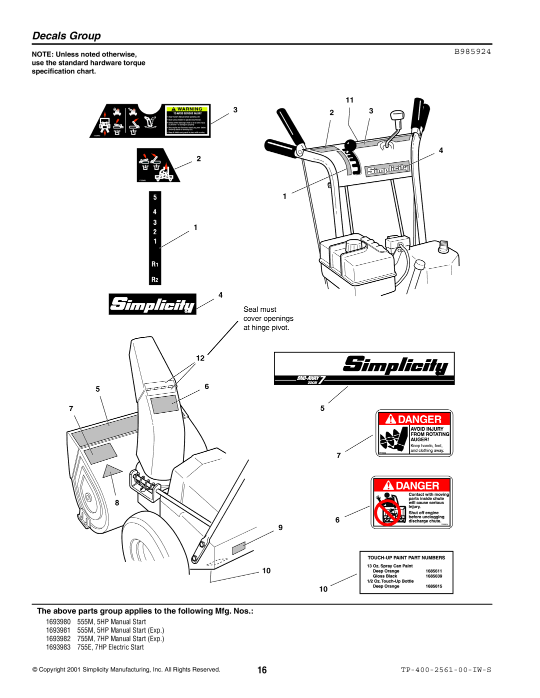 Simplicity 755M manual Decals Group, B985924 