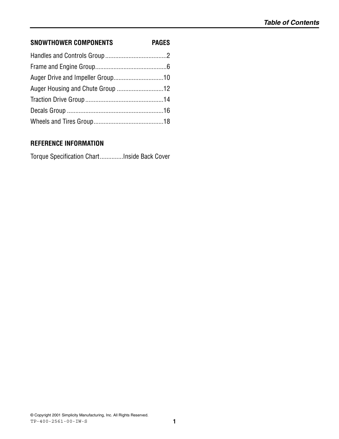 Simplicity 755M manual Table of Contents 