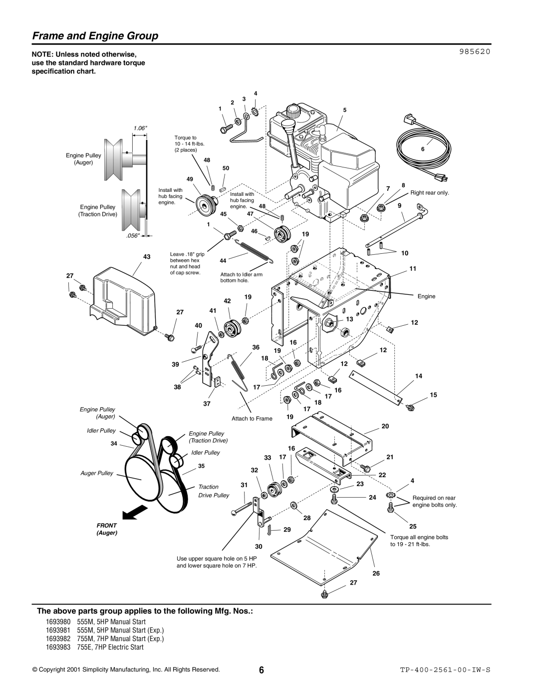 Simplicity 755M manual Frame and Engine Group, 985620 