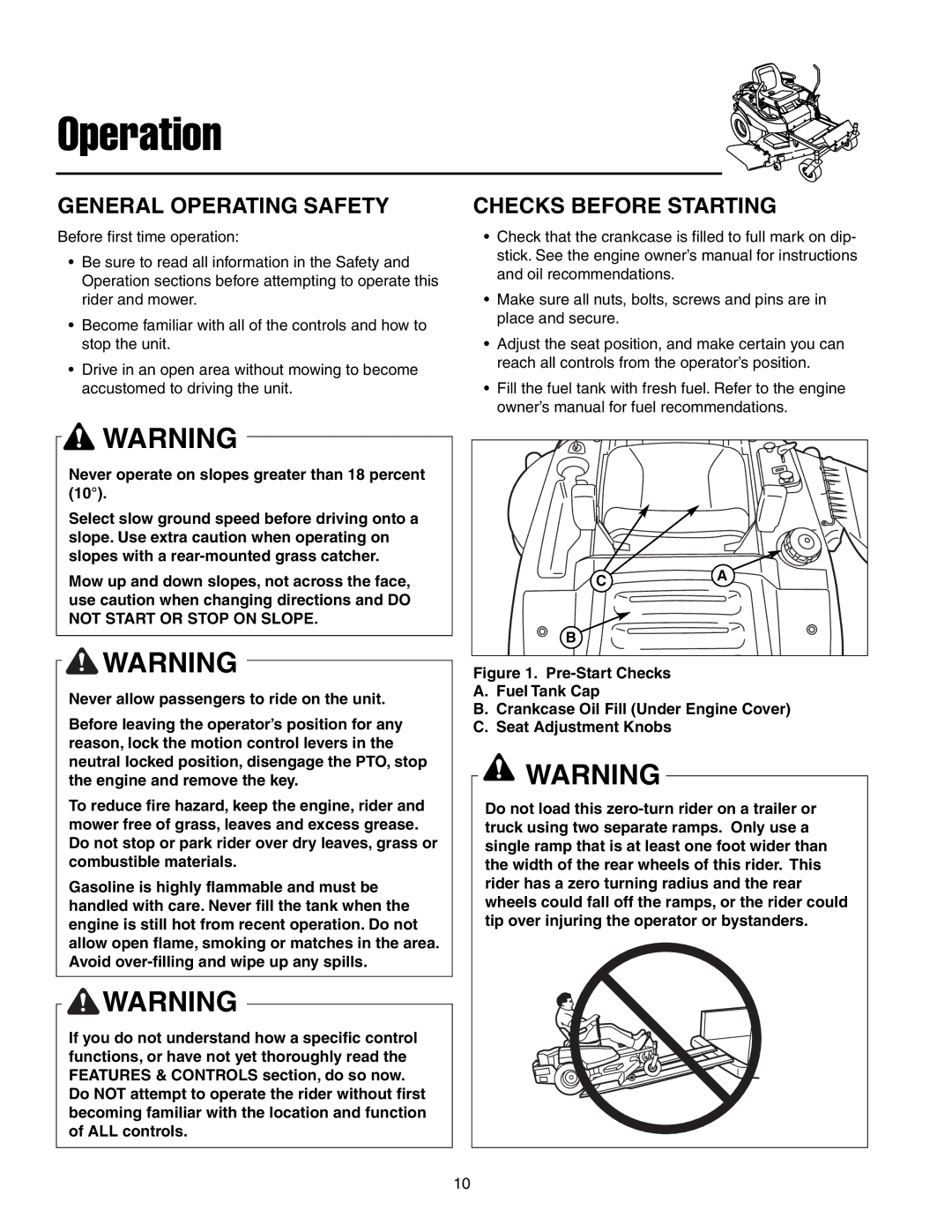 Simplicity 7800071, 7800072 instruction sheet General Operating Safety, Checks Before Starting 