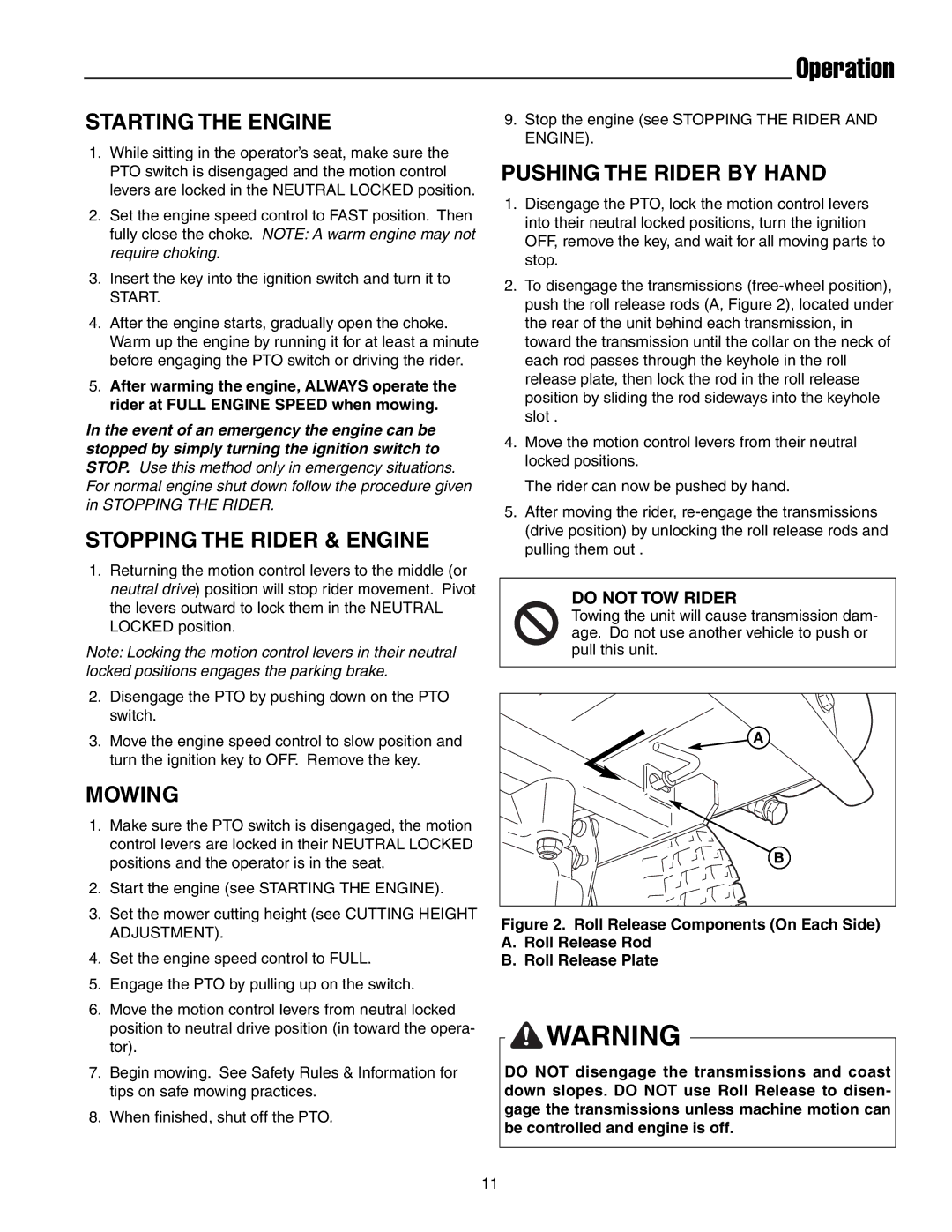 Simplicity 7800072, 7800071 Operation, Starting the Engine, Stopping the Rider & Engine, Pushing the Rider by Hand, Mowing 