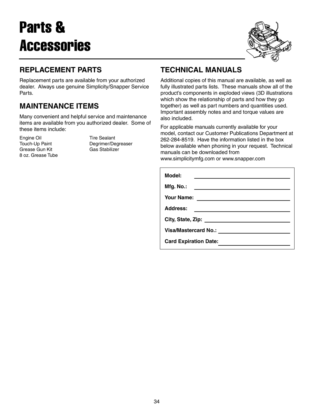 Simplicity 7800071, 7800072 instruction sheet Replacement Parts, Maintenance Items, Technical Manuals 