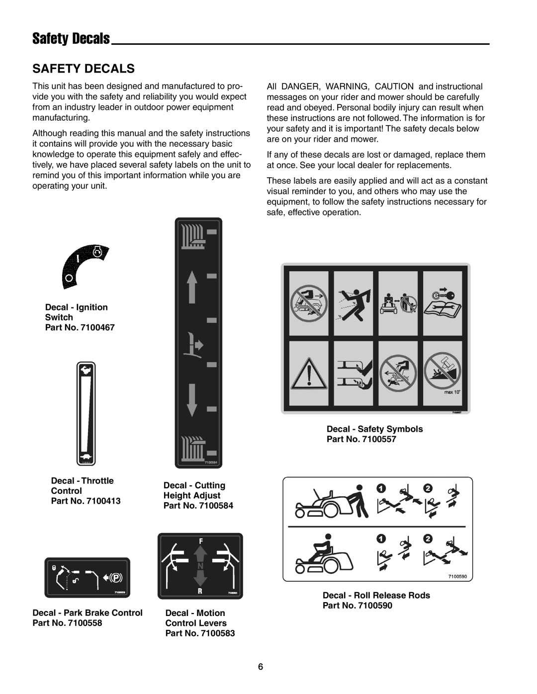 Simplicity 7800071 Safety Decals, Decal - Ignition Switch, Decal - Throttle Control, Decal - Park Brake Control Part No 