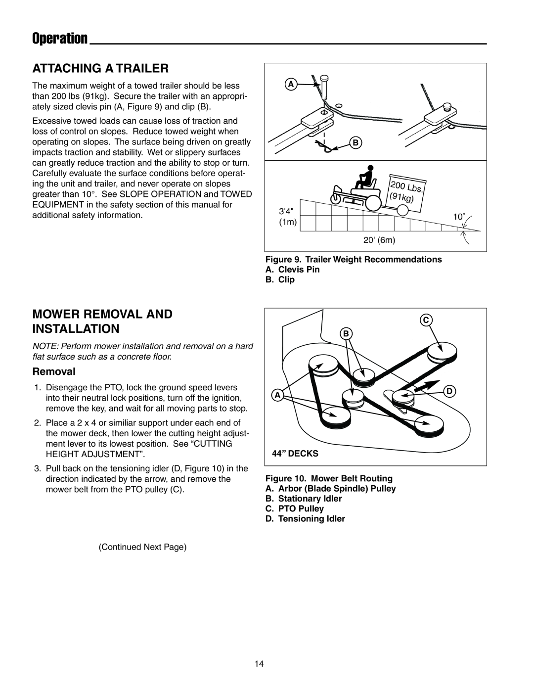 Simplicity 7800071, 7800072 instruction sheet Attaching A Trailer, Mower Removal And Installation, Operation, 44” DECKS 
