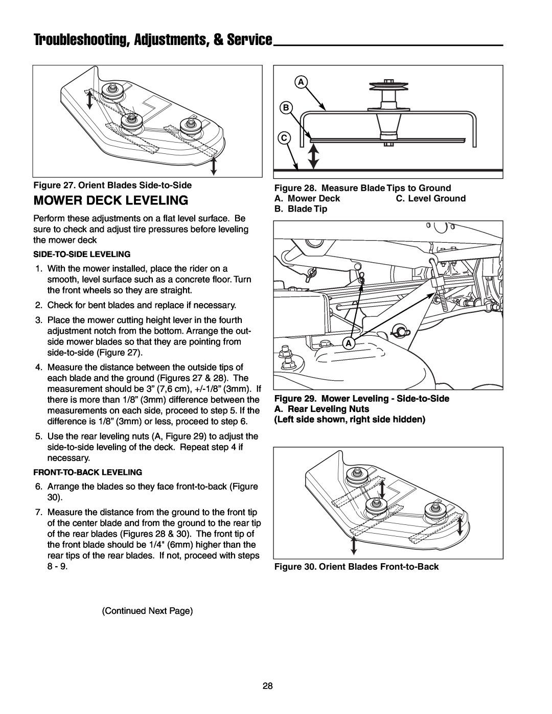 Simplicity 7800071 Mower Deck Leveling, Troubleshooting, Adjustments, & Service, Orient Blades Side-to-Side, Blade Tip 