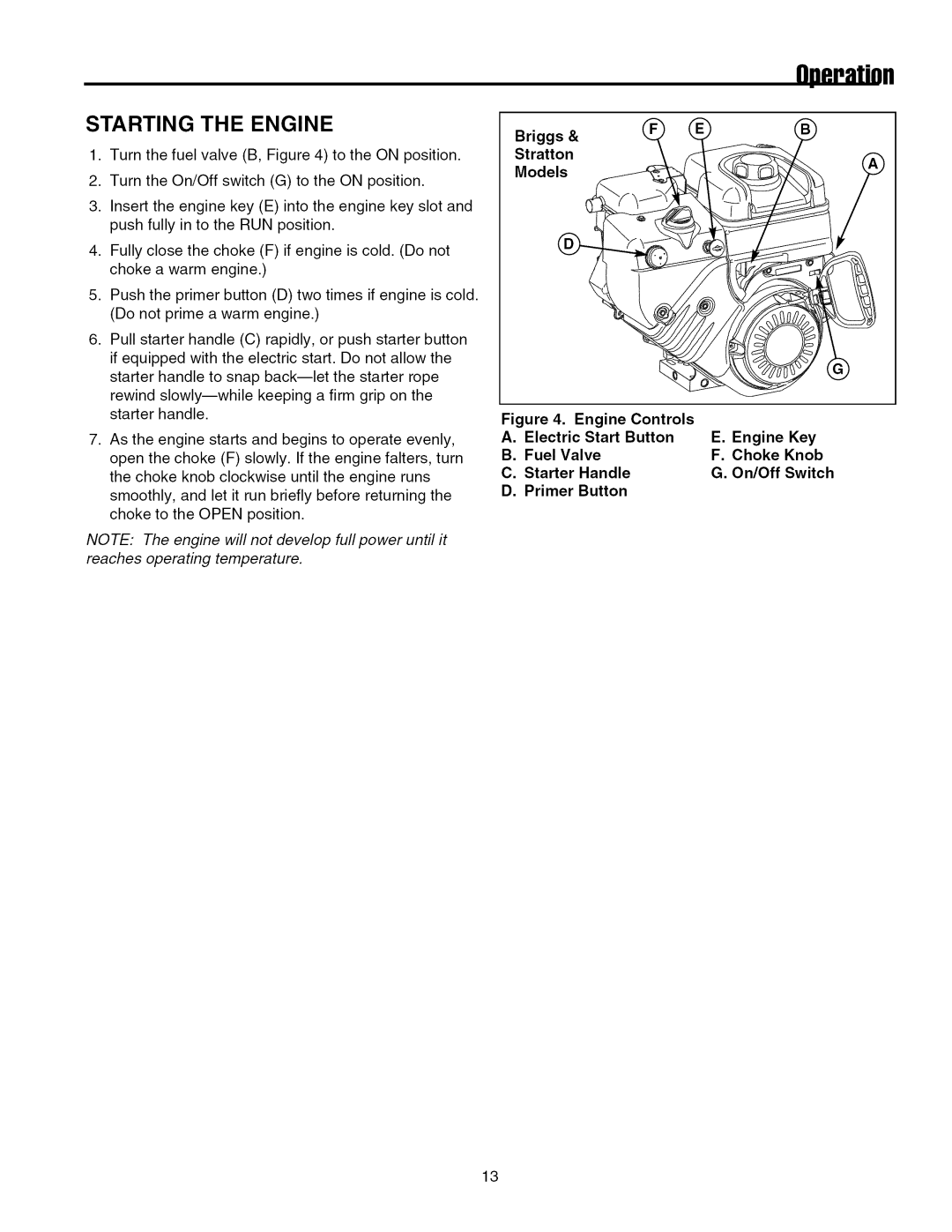 Simplicity 7800087, 7800085, 7800084, 7800138, 7800086 manual Starting the Engine, Briggs Stratton Models 