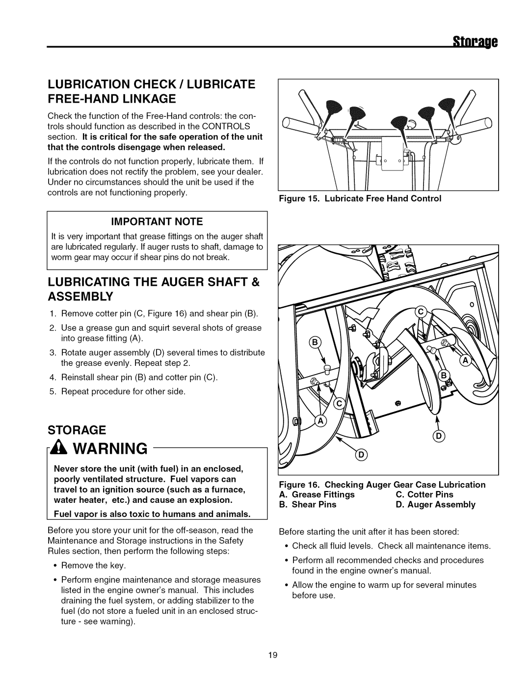 Simplicity 7800085 Stnrage, Lubrication Check / Lubricate FREE-HAND Linkage, Lubricating the Auger Shaft Assembly, Storage 