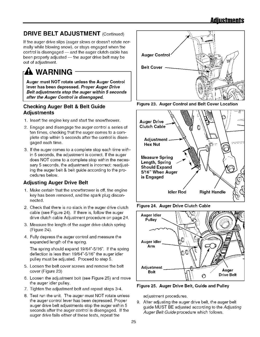 Simplicity 7800084, 7800085, 7800138, 7800086 manual Checking Auger Belt & Belt Guide Adjustments, Adjusting Auger Drive Belt 