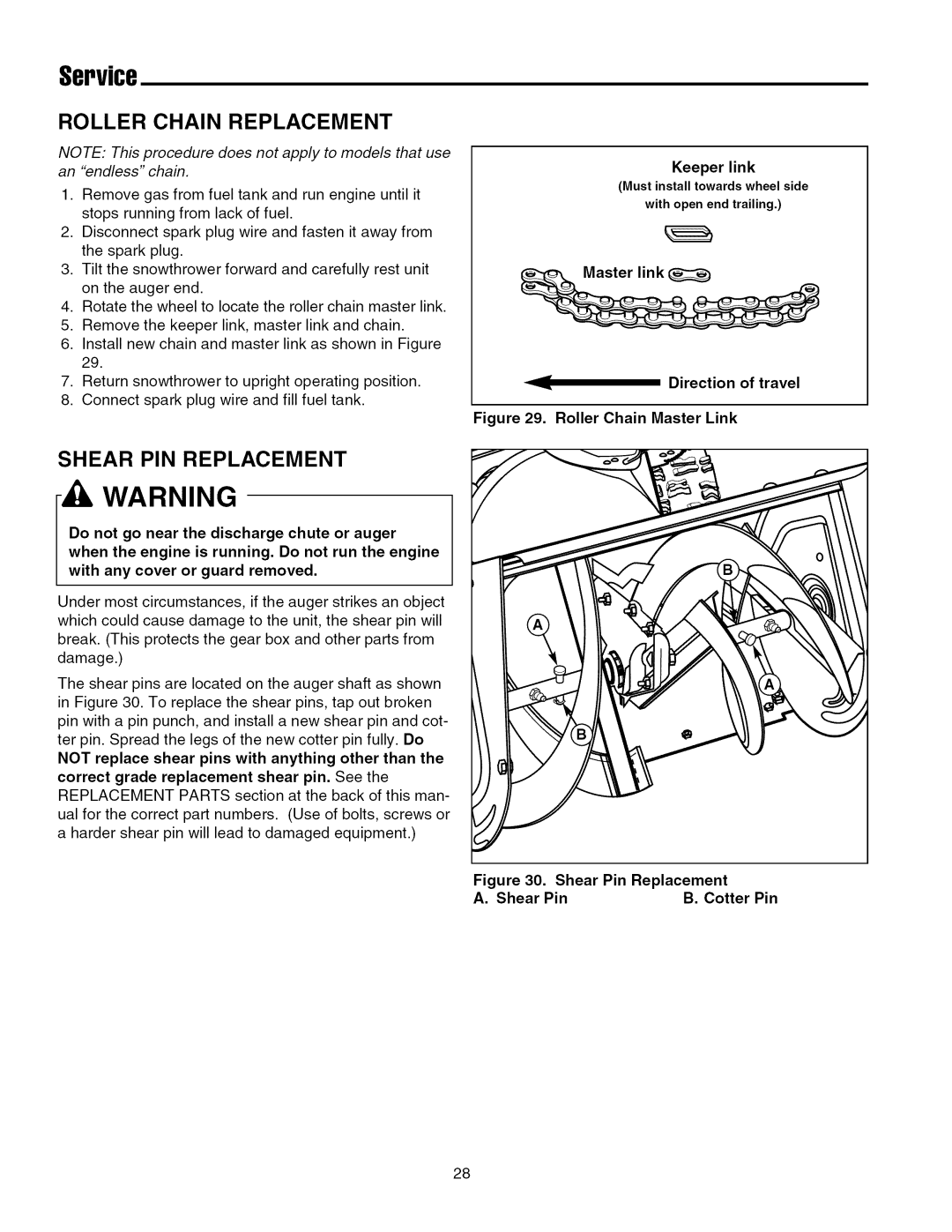 Simplicity 7800087, 7800085 Service, Roller Chain Replacement, Shear PIN Replacement, Keeper link, Direction of travel 