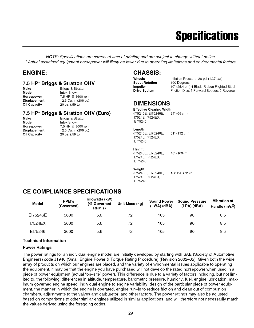 Simplicity 7800085, 7800084, 7800138 Engine, Chassis, Dimensions, CE Compliance Specifications, HP* Briggs & Stratton OHV 