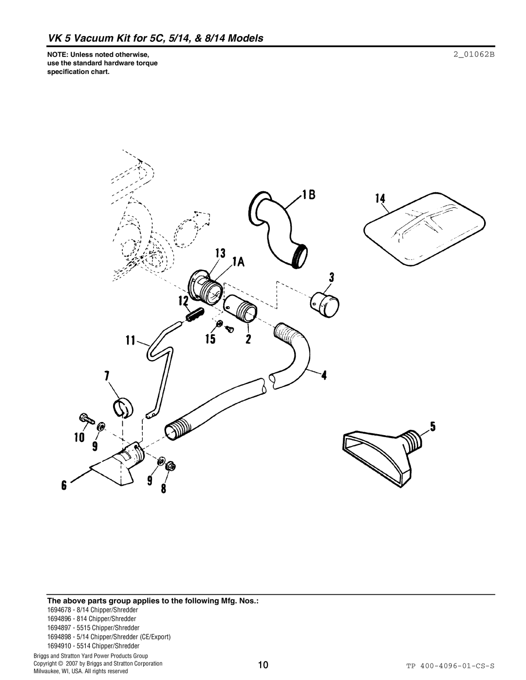 Simplicity 8/14 Series, 5/14 Series manual VK 5 Vacuum Kit for 5C, 5/14, & 8/14 Models, 201062B 