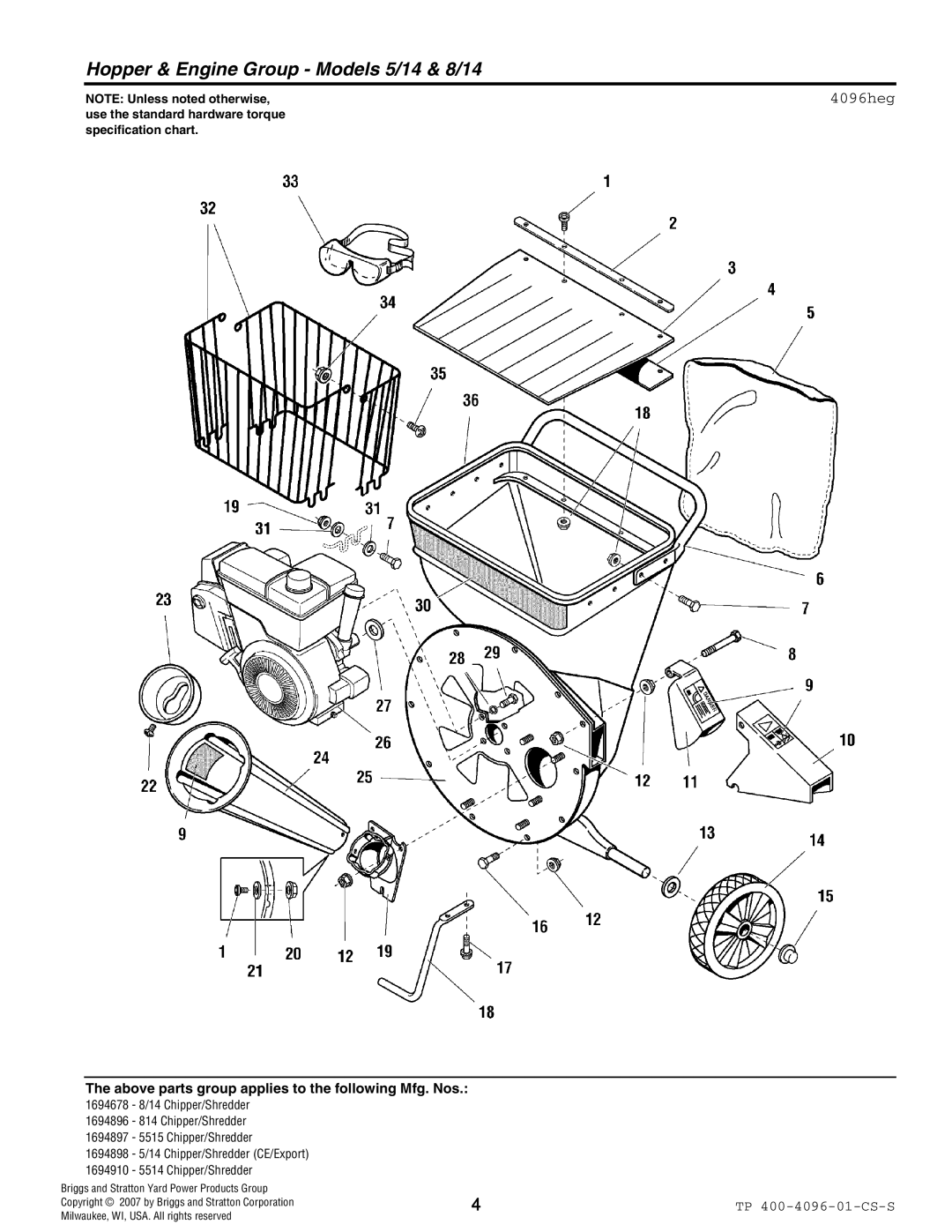 Simplicity 8/14 Series, 5/14 Series manual Hopper & Engine Group Models 5/14 & 8/14, 4096heg 