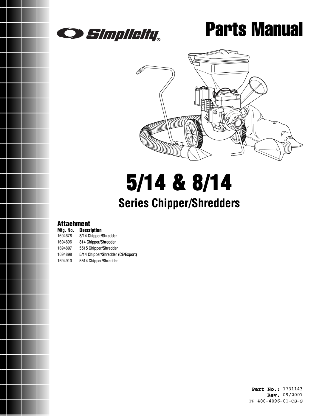 Simplicity 5/14 Series, 8/14 Series manual Attachment, Part No, Mfg. No. Description, 5/14 & 8/14, Parts Manual 