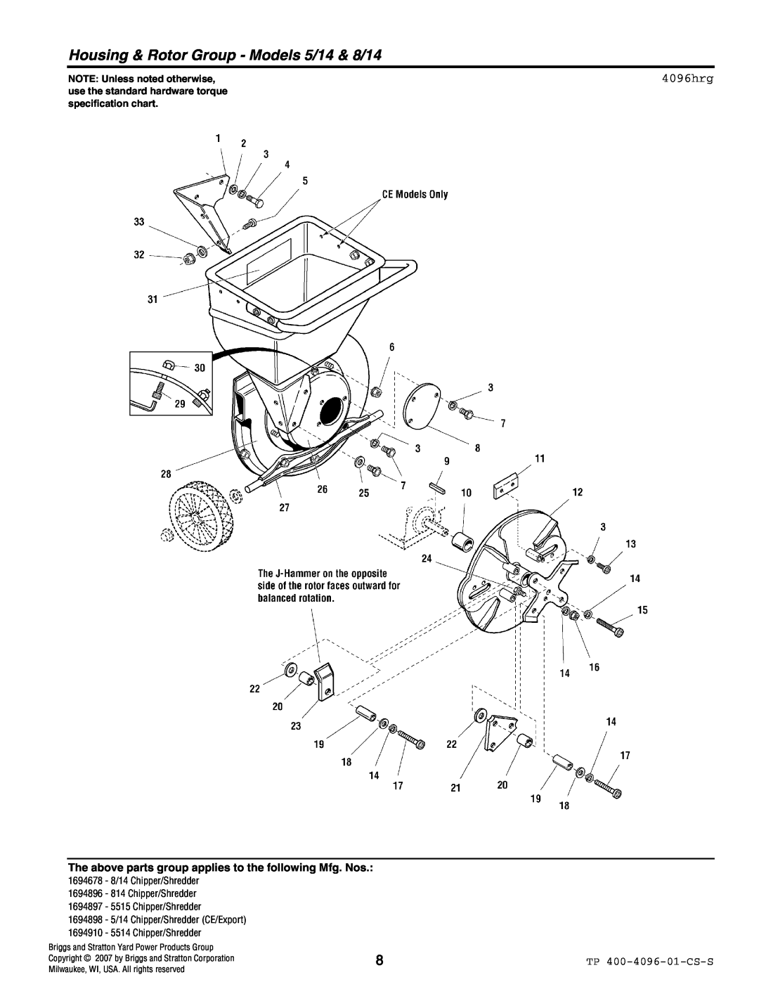 Simplicity 8/14 Series, 5/14 Series manual Housing & Rotor Group - Models 5/14 & 8/14, 4096hrg, NOTE: Unless noted otherwise 