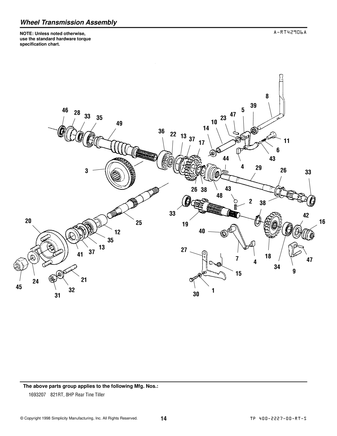 Simplicity 821RT manual Wheel Transmission Assembly, Gf Hi Hs Hn Llp 