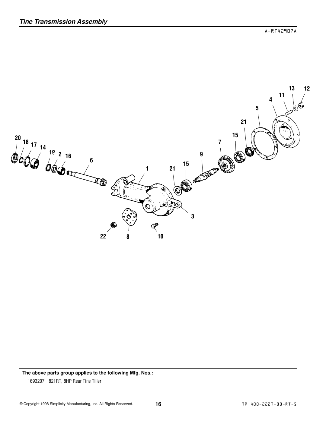 Simplicity 821RT manual Tine Transmission Assembly 