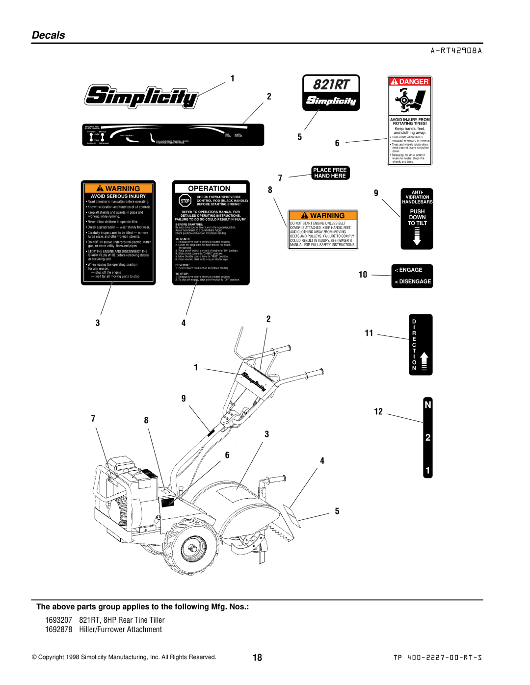 Simplicity 821RT manual Decals, RT42908A 