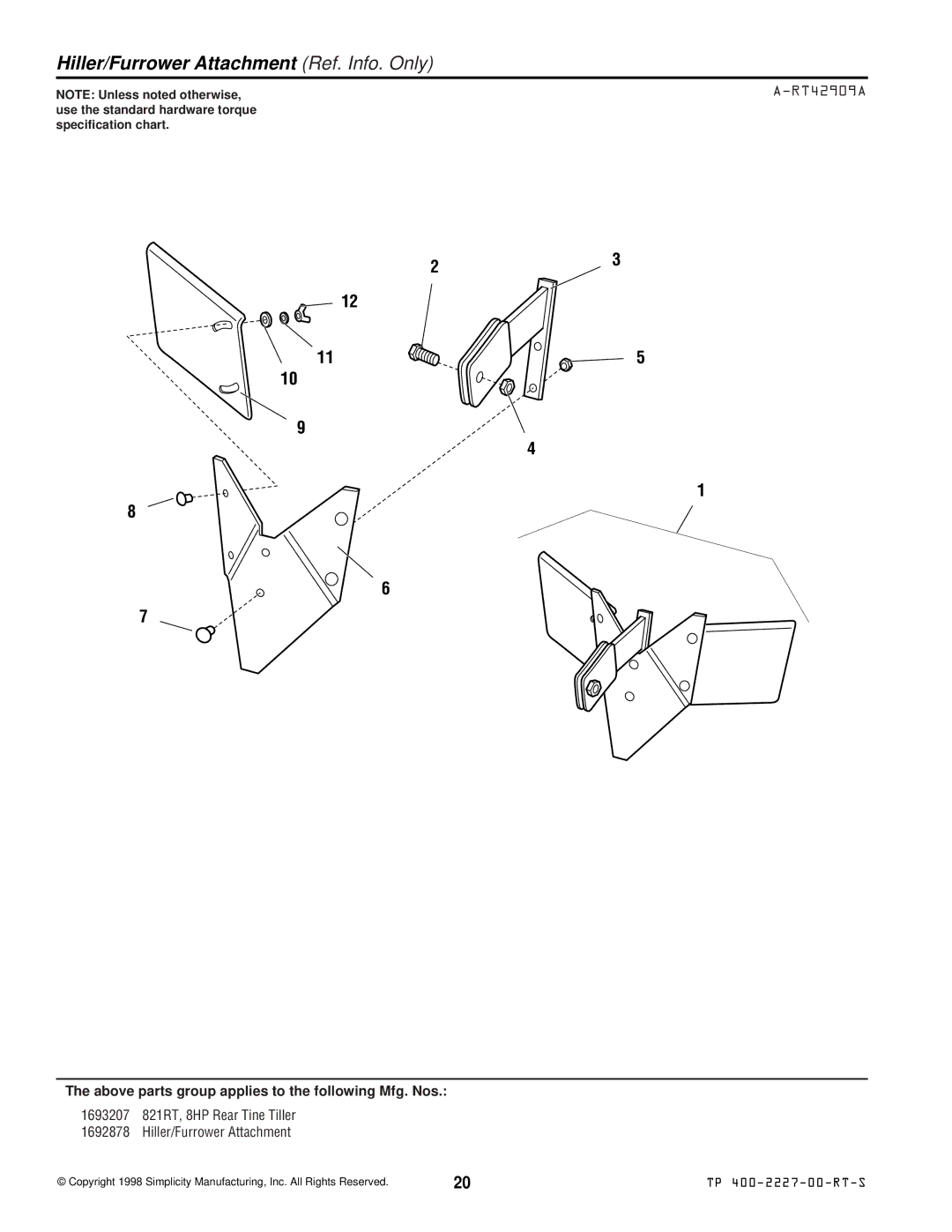 Simplicity 821RT manual Hiller/Furrower Attachment Ref. Info. Only, RT42909A 