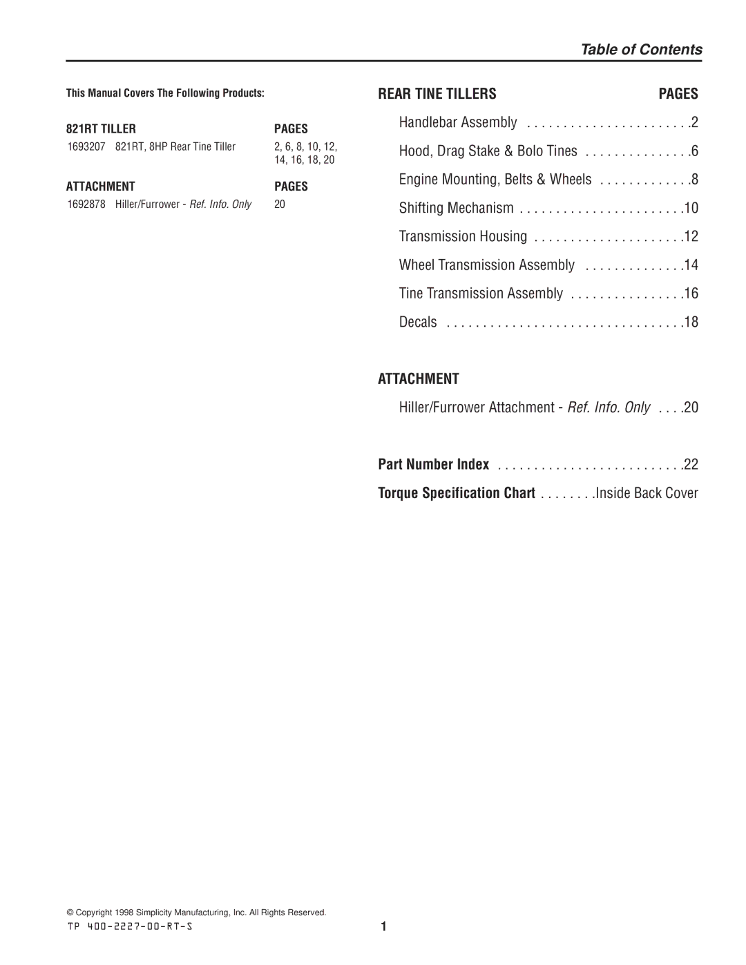 Simplicity 821RT manual Table of Contents 