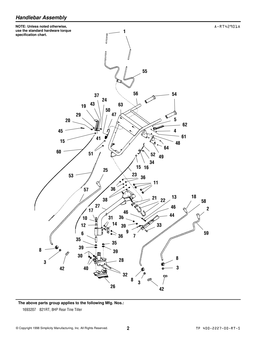 Simplicity 821RT manual Handlebar Assembly, RT42901A 