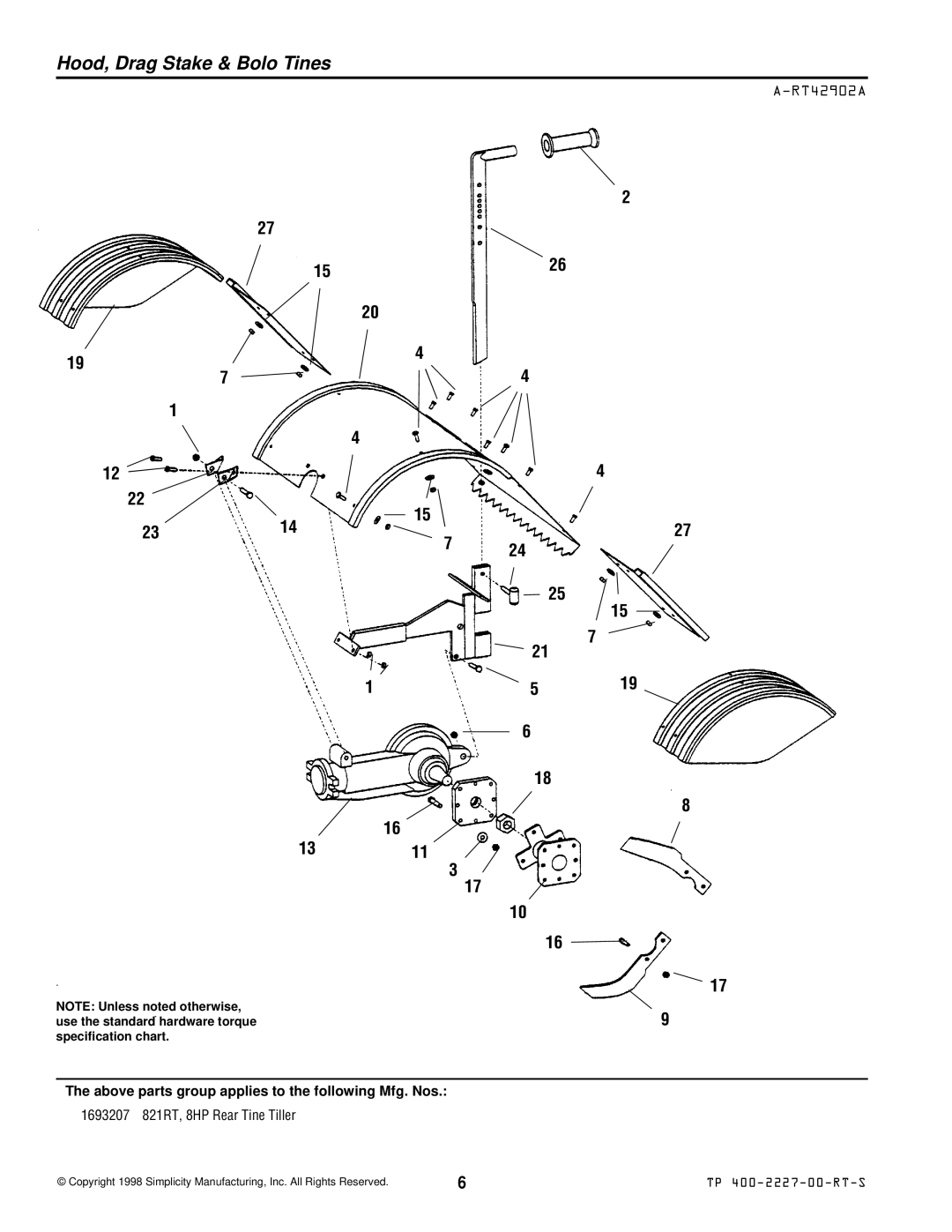 Simplicity 821RT manual Hood, Drag Stake & Bolo Tines, RT42902A 