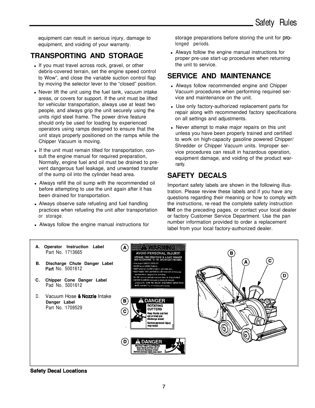 Simplicity 6/25, 8/25 manual Safety Rules, Transporting and Storage, Service and Maintenance, Safety Decals 