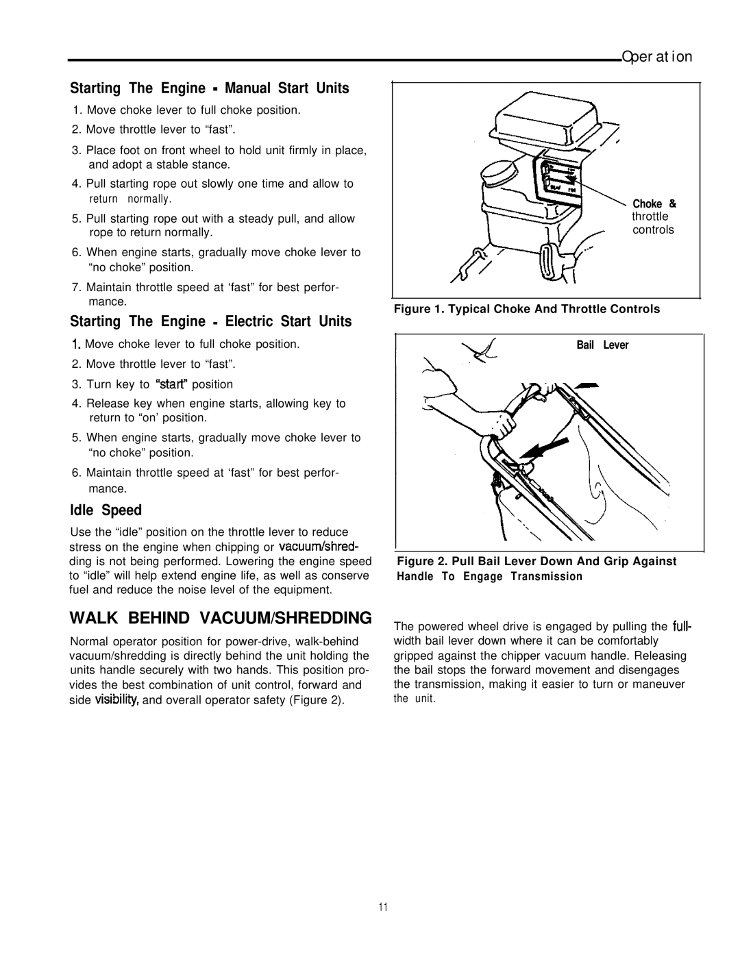 Simplicity 6/25, 8/25 manual Walk Behind VACUUM/SHREDDING, Starting The Engine Manual Start Units, Idle Speed 