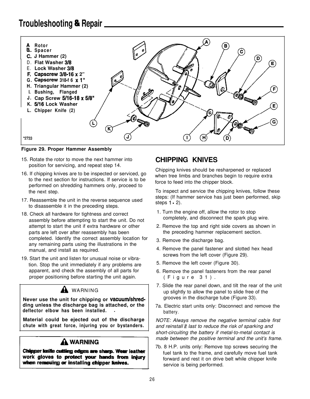 Simplicity 8/25, 6/25 manual Chipping Knives, When removing or installing chipper knives 