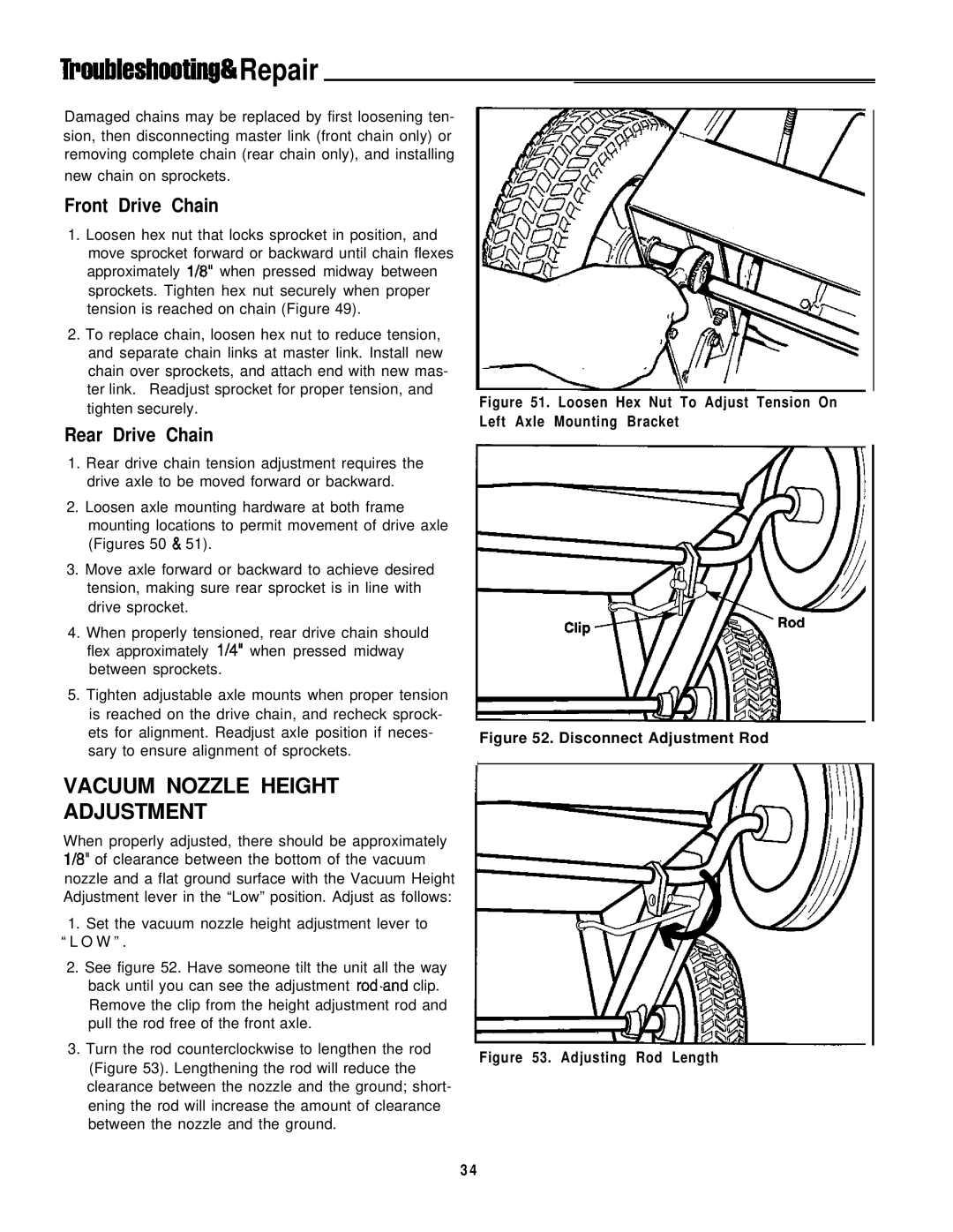 Simplicity 8/25, 6/25 manual Troubleshootin# #IRepair, Vacuum Nozzle Height Adjustment, Front Drive Chain, Rear Drive Chain 