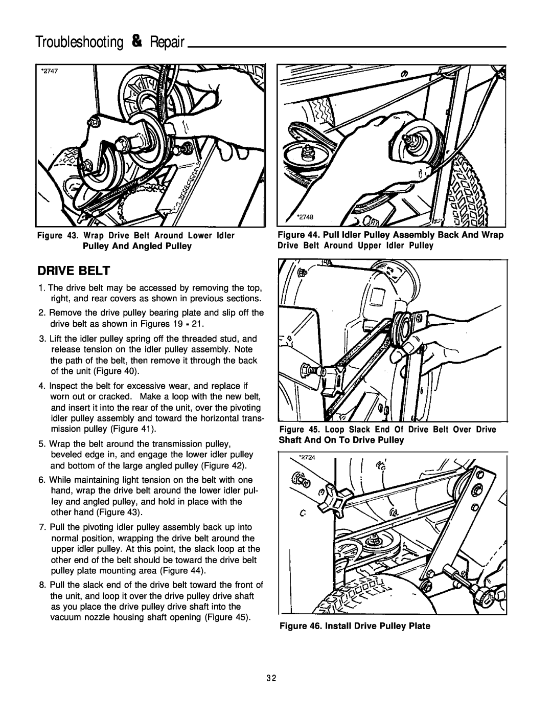 Simplicity 8/25, 6/25 manual Troubleshooting & Repair, Wrap Drive Belt Around Lower Idler, Pulley And Angled Pulley 